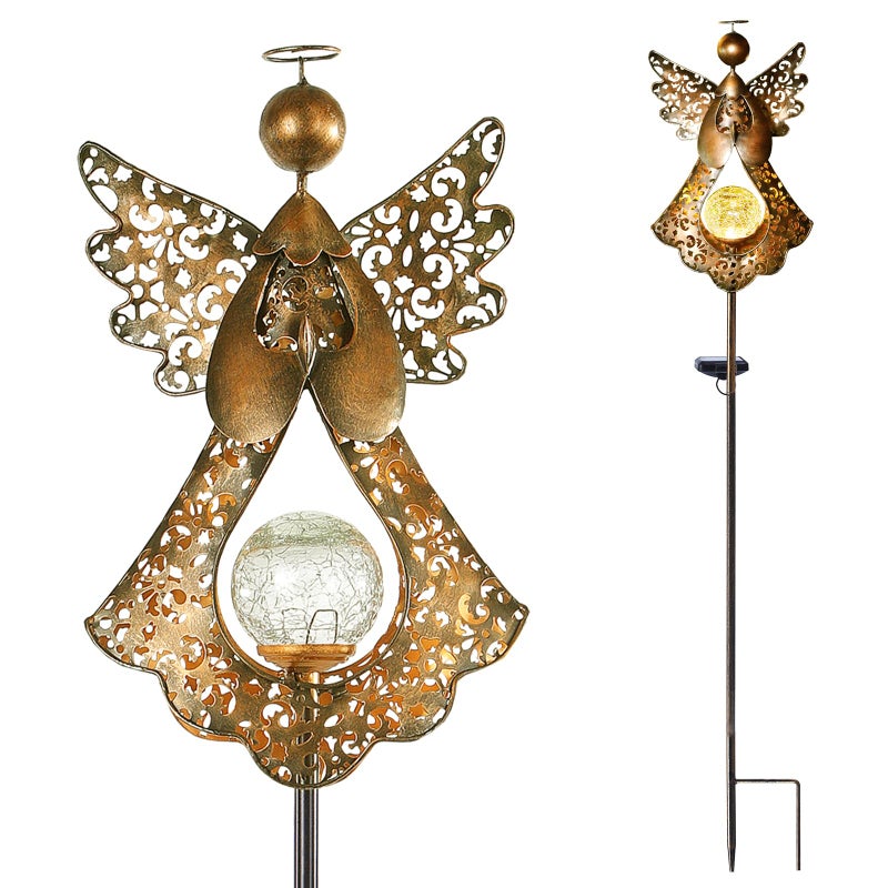 Starryfill Angel Stake Solar Lights with Crackle Glass Globe Waterproof Warm White LED, 40.5 inches Height Metal Bronze Stake Garden Patio Art Decor, Memorial Gift for Mom Women or Friends - Image 1